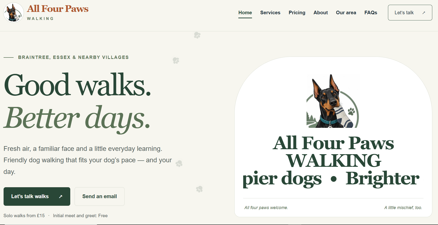 Screenshot of the All Four Paws Walking website homepage